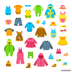 Baby clothes vector illustrations set. Newborn kid outfit ...