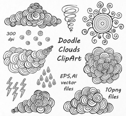 Hand drawn Doodle Clouds Clipart, Doodle sun clip art, PNG, EPS, AI,  vector, Doodled sky, Whimsical clouds, for Personal and Commercial Use