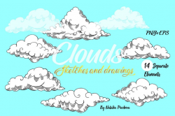 Clouds Clipart, Digital clipart with sky, air, retro, vintage, hand drawn,  sketch, retro, fly, journey, travel,