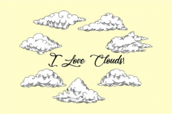 Clouds Clipart, Digital clipart with sky, air, retro, vintage, hand drawn,  sketch, retro, fly, journey, travel,