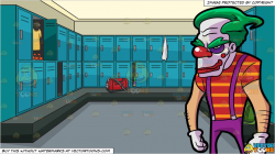 A Creepy Tall Muscular Clown and A Locker Room At A Gym Background