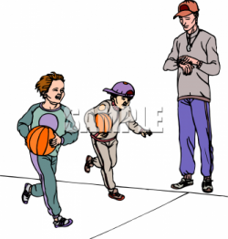 Clipart Picture of a Coach Timing Two Boys Running