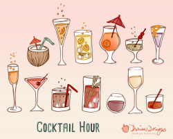 Retro cocktail party clipart commercial use, wine, hand ...