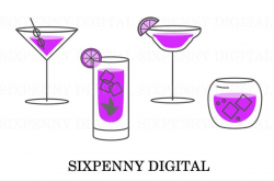 Purple cocktail drinks party invitation clipart Digital Download martini,  mojito, margarita, gin and tonic, commercial use, simple, minimal