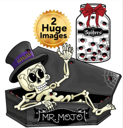 Mr. Mojo Skeleton & his bottle of Spiders creepy crawly spiders a casket  coffin skeleton scary Halloween Clip Art Printable