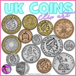 British UK coins clip art: 1p, 2p, 5p, 10p, 20p, 50p, £1, £2