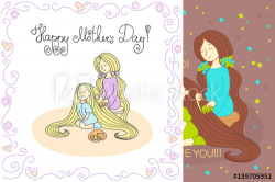 Mother's day card. Mother with daughter. Vector line ...