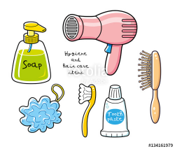 Hygiene and body care items. Hair dryer, comb, liquid soap ...