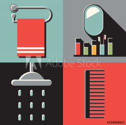 Vector illustration icon set of bath: towel, mirror, shower ...