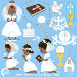 First communion clipart, Christian clipart, African American, Bible,  rosary, create invitations & crafts, commercial use, AMB-1917