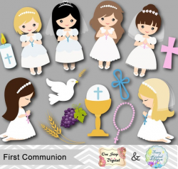 Instant Download Girls First Communion Clip Art, First Communion Clipart,  First Communion Girls Digital Clipart First Communion Clipart 0189