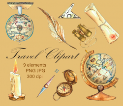Travel Clipart Watercolor Clipart Expedition Explorer Equipment Globe  Watercolor Compass Binoculars Scroll Сandle Journey Digital PNG JPG