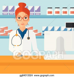 Vector Clipart - Pharmacist at counter with computer monitor ...