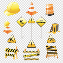 Illustration of hard hat, traffic cone, signages, and beacon ...