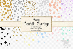 Party Confetti Overlays Clipart, Pastel and gold foil, silver glitter  circles, polka dot clip art, baby shower invitations, digital weddings