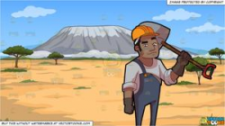A Black Male Construction Worker With A Shovel and A Small Mountain In The  Middle Of A Desert Background