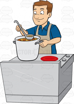 A man tasting his homemade soup #apron #burner #cheerful ...