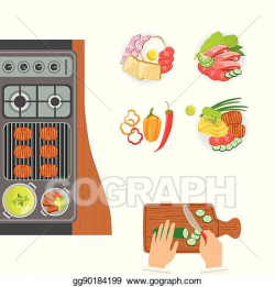 Vector Clipart - Stove, cooked dishes and hands of the cook ...