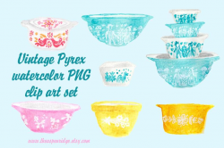 Vintage Pyrex bowl watercolor PNG clip art set of 7 files, butterprint,  butterfly gold, friendship, gooseberry, baking clipart