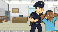 A Policeman Placing Handcuffs On A Black Man and Inside A Government Office  Background