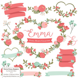 Emma Floral Heart Clipart & Vectors in Mint and Coral - mint ...