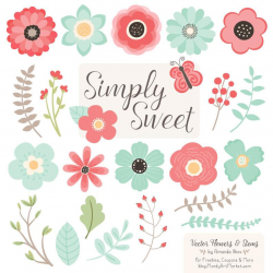 Cute Flowers Clipart in Mint & Coral - Mint and Coral Vector Flowers, Mint  and Coral Flowers, Floral Clipart, Flower Graphics