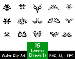 Flourish Clipart- 15 Decorative Corner Elements, Text Divider Clipart,  Border Clipart, Corner Flourish, Swirls, Vector, PNG, AI, + EPS