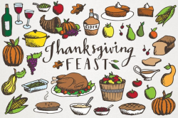 Thanksgiving Feast Clipart - Hand drawn illustrations, commercial license,  turkey dinner, cornucopia clipart, fall seasonal clipart