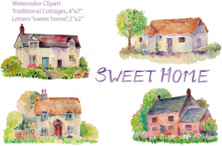 Cottage Clip Art, watercolor cottage, hand painted watercolour traditional  cottages printable instant download