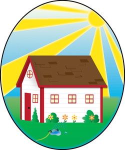 Clip art illustration of a cottage in the grass under a ...