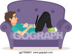 Vector Illustration - Gamer man lying on sofa with laptop ...
