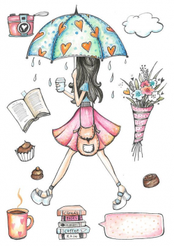 Rainy Day Clipart, hand painted, umbrella, books, coffee ...