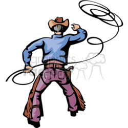 A View of a Cowboy From Behind Wearing his Chaps Hat and Gun Belt Roping  clipart. Royalty-free clipart # 374216