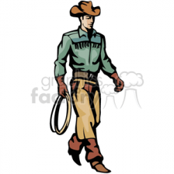A Wild West Cowboy in a Green Shirt and Brown Chaps Holding a Rope clipart.  Royalty-free clipart # 374215