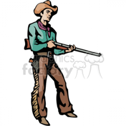 A Cowboy with Brown Chaps Holding a Rifle Ready to Shoot clipart.  Royalty-free clipart # 374161