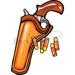 A Leather Gun Holster Holding a Gun with a Wooden Grip and Amo Sitting Next  to it clipart. Royalty-free clipart # 156814