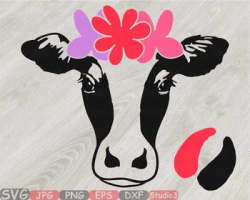 Cow Head whit Flowers Silhouette SVG clipart cut cowboy western Farm Milk  806S