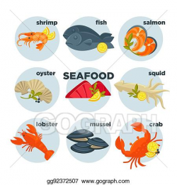 Clip Art Vector - Seafood set crab, lobster, fish and shrimp ...
