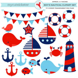 Boy's Nautical Clipart Set - clip art set of lighthouse, boats, anchors,  whales, crab - personal use, small commercial use, instant download