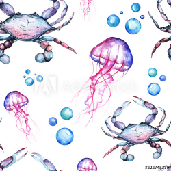 Watercolor Bright Paterrn with Blue King Crabs and Jellyfish ...