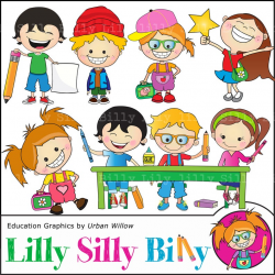 School and craft clipart, cute kids learning. Commercial use images. Kids  with lunch box, laughing, gold star. Digital clipart. Graphics.