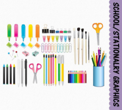 School Clip Art Stationary Supplies Clipart Graphic Scrapbook Back to  School Pencil Crayon Scissor Digital Download PNG Vector Commercial