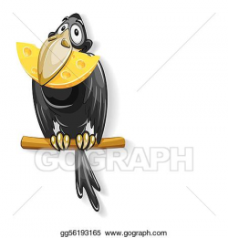 Vector Illustration - Black crow with piece of cheese in ...
