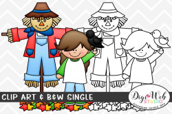 Clip Art & B&W Single - Girl w A Scarecrow & Crow in Leaves