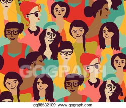 EPS Vector - Woman only crowd group color seamless pattern ...