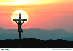 Silhouette Jesus And The Cross Over Sunset On Mountain With ...