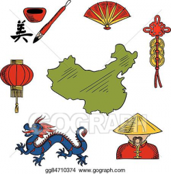 Vector Clipart - Chinese culture and religion sketched icons ...