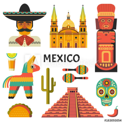 Mexico poster. Vector icons collection of Mexican culture ...