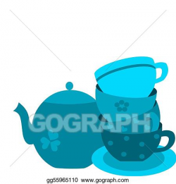 EPS Illustration - Blue tea pot and four cups on plate-2 ...