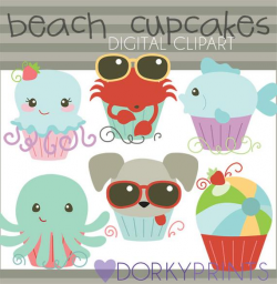 Beach Clipart Set -Personal and Limited Commercial Use- Beach Cupcake  Clipart, octopus, jellyfish, crab, fish, sunglasses